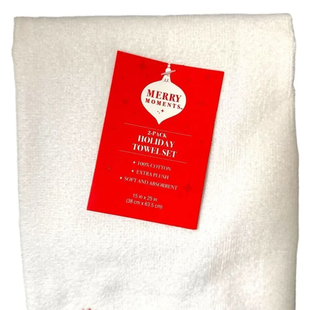 Aldi Merry Moments Holiday Hand Towel Set 2-Pack White Let It Snow Black Stars